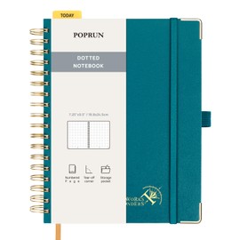 POPRUN Dotted Spiral Journal Notebook, 7-1/4" x 9-1/2" - 120 GSM Thick Paper, 220 Numbered Pages, Hardcover for Men & Women with Pocket, Index Tabs, 8 Perforated Sheets, Pacific Green