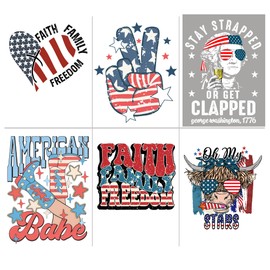 6 Sheets Patriotic Iron on Patches Heat Transfers Decals for 4th of July Independence Day, 10x10 inch DIY Craft Decor DTF Transfers Ready to Press for T-Shirt Clothes Pillow Cover