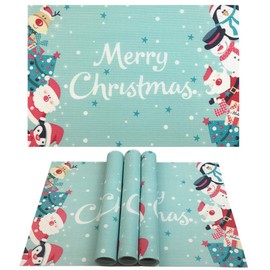 WAZAIGUR Christmas Placemats for Dining Table,Christmas Tree Santa Claus Snowman,Washable Heat Resistant PVC Dining Table Mats,Placemats Set of 4(Blue)