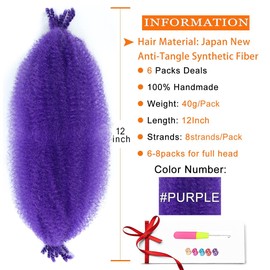 Afro Twist Hair 12 Inch Purple Marley Braids Hair Afro Kinky Curly Hair Extensions (12 Inch (Pack of 6), Purple#)