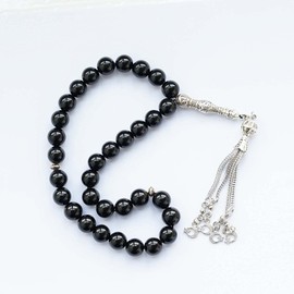10mm Tasbih Prayer Beads Natural Black Agate Stone Islamic Misbaha Prayer Rosary Beads Muslim Islam Misbaha Bracelet Moon Tasbeeh Sibha 33 Prayer Beads Hand Bracelets