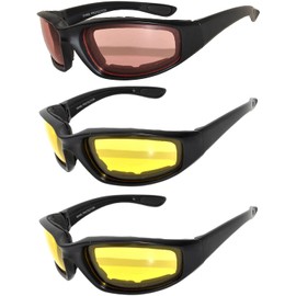 OWL Motorcycle Padded Riding Glasses Amber and Yellow Lens Mens Womens 3 Pack Sunglasses