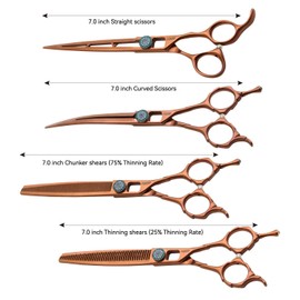 FOGOSP 7'' Dog Grooming Scissors Set 4PCS Curved Thinning Straight Chunkers Shears Kit with Hollow Out Design Ergonomic Offset Handle High Cobalt Alloy Steel Sharp and Durable(7, Chocolate Kit)