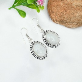 Radiant Natural Rainbow Moonstone Earrings - Elegant 4 cm Oval Gemstone Dangles Jewelry for Women - Anayka