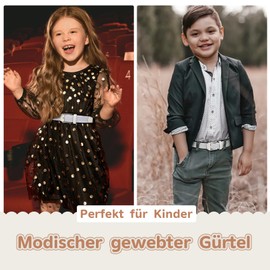 WHIPPY Children's belt, elastic unisex braided elastic stretch belt, woven belt for boys and girls, leather end tip with pin buckle, 3 cm wide, D-white