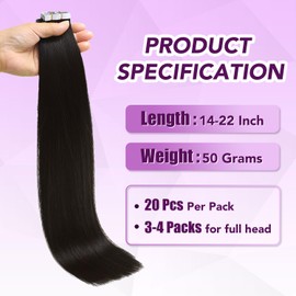 Sindra Hair Extensions Real Hair Black Natural 20 Pieces 35cm 50g Extensions Tape Hair Extensions Natural Hair T35-1B