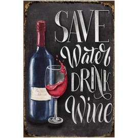 BA Market Vintage Tin Sign Save Water Drink Wine 20 x 30 cm Wall Sign for Café Bar Home Retro Nostalgia Premium Metal Sign Wine Water Saying Holes for Wall Mounting