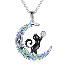 YAFEINI Black Cat Necklace 925 Sterling Silver Celtic Knot Crescent Moon Cat Pendant Abalone Shell Jewellery Gift for Women Girls