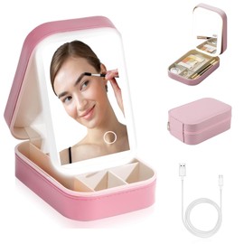 Generic Travel Makeup Bag with LED Mirror, LED Three-Color Adjustable Makeup Mirror, Three Colors Brightness Adjustable Makeup Mirror with Lights, Rechargeable Lighted Makeup Mirror, Pink