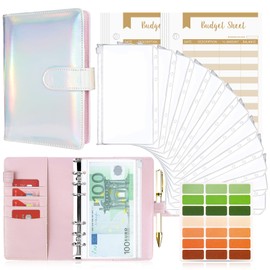 Taope Budget Planner, 6-Ring A6 Budget Binder, Money Organiser, with Soft Pockets, Leather Notebook, Cash Envelopes, Household Expense Book with Money Compartments, Laser Pink