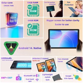 Tablet Android 14 Tablet 10 inch Tablet, 5G WiFi Octa-Core,10GB RAM + 64GB ROM (TF 2TB),FHD,Dual Camera,6000mAh,Bluetooth 5.0, Widevine L1, Tablet with Keyboard and Mouse(aerolite ash+Keyboard Sets)