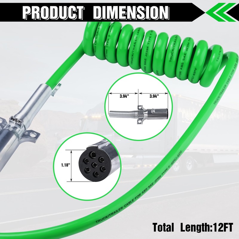 Ailbiuko 7 Way ABS Cord 12FT Green Coiled Pigtail Electrical