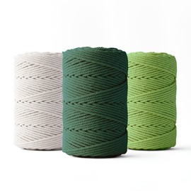 Ledent Macrame Yarn (2 mm, 3 x 70 m, Set of 3 Colours: Light Green, Dark Green & White) Double Twisted - Rope for Macrame Made from 100% Recycled Cotton Yarn - Macrame Yarn for Crafts