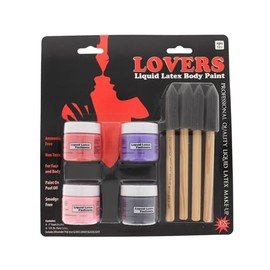 Lovers Liquid Latex Body Paint, Four 1 Ounce Bottles, Red, Pink, Purple, and Black, Four Brushes, Professional Quality, For Face and Body