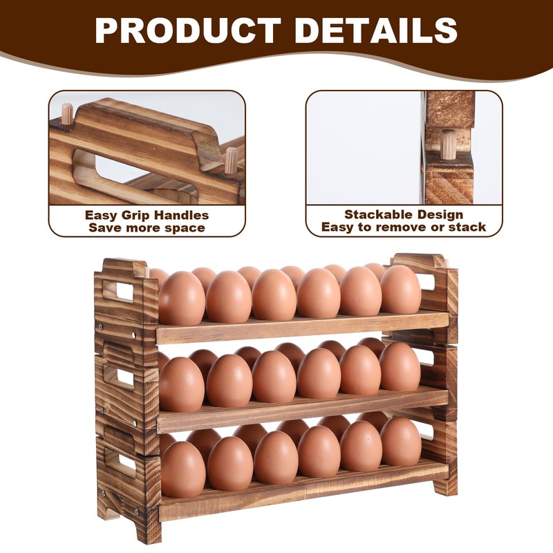 Egg Holder Countertop, 3-Tire Solid Wooden Egg Holder, Stackable Egg