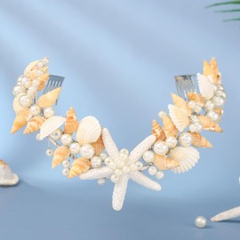 Yean Starfish Wedding Headband Silver Seashell Headpiece Pearl Shell Beach Bridal Hair Accessories for Women and Girls