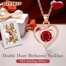 RIVIKO Heart Birthstone Pendant Necklace for Women 925 Sterling Silver Zirconia Rose Gold Plated January Necklaces Christmas Valentine's Day Mothers Day Jewelry Gifts For Her Mother Wife