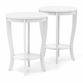 Giantex Round End Tables Set of 2, 2 Tier Side Table with Storage Shelf and Solid Wood Legs, 18" x 18" Accent Table for Corner Small Spaces, Tall Night Stand for Living Room Bedroom, White
