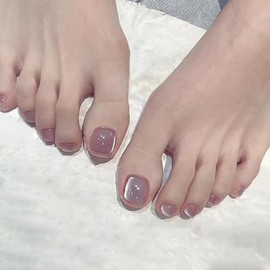 24Pcs French Press on Toenails - Short Square Milk Coffee Smudge False Toe Nails with Glue Stickers - Summer Fake Toe Nails Cute Artificial Beach Full Cover Toenail for Women Pedicure Decorations