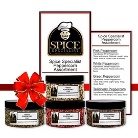 Peppercorn Assortment Set - Contains: 4 Assorted Plastic Jars (1 each of: Pink Peppercorns, White Peppercorns, Green Peppercorns, and Tellicherry Peppercorns)