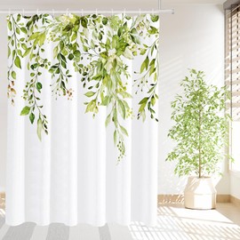 Tititex Fragile Sprout Grass Green Eucalyptus Shower Curtain Sets, Watercolor Leaves on The Top Plant with Floral Bathroom Decoration 72x78 Inch with Hooks