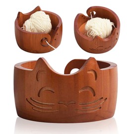 Holzsammlung Yarn Bowl Wood, Wool Knit Storage Bowl with Thread Slot and Drilled Holes, Hand Carved Yarn Bowl Holder for Crafts, Crochet, Knitting, Home Decoration, 17 x 10 cm