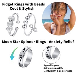MUCAL Fidget Rings for Anxiety 8pcs Stainless Steel Spinner Ring Anti Anxiety Ring Spinning Moon Star Cool Stress Relieveing Rings for Women Men