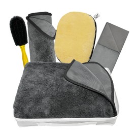 DU Life Car Wash Set for Wiping 35.4 x 23.6 inches (90 x 60 cm), Microfiber Car Wash Towel, 15.7 x 23.6 inches (40 x 60 cm), Window Cloth, Shearling Gloves, 1 Car Wash Brush, 1 Storage Bag, 6 Pieces