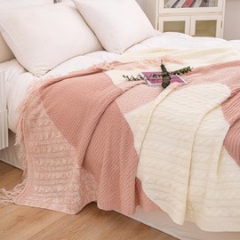 EVENHUG Knitted Throw Blanket for Couch Sofa Chair Bed Home Decoration Warm Soft Cozy Modern Lightweight Patchwork Knit Blankets Throws with Tassel for All Seasons (Pink,60''X80'')