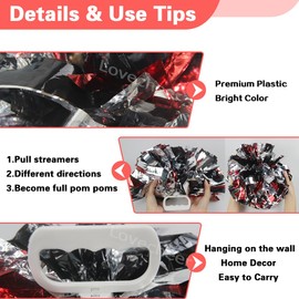 Lovecheer 4PCS Black Red and Silver Pom Poms Cheerleading with Handle Metallic Cheer Pom Poms Team Spirits Sports Cheering Squad Dance Training