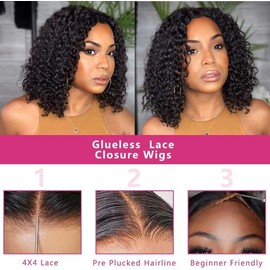 Wigs for Women Human Hair Pre Plucked Deep Wave 4x4 Lace Closure Wigs Deep Curly Bob Wig Human Hair Wigs with Baby Hair Wear and Go Glueless Wigs for Black Women 8 Inch Natural Black