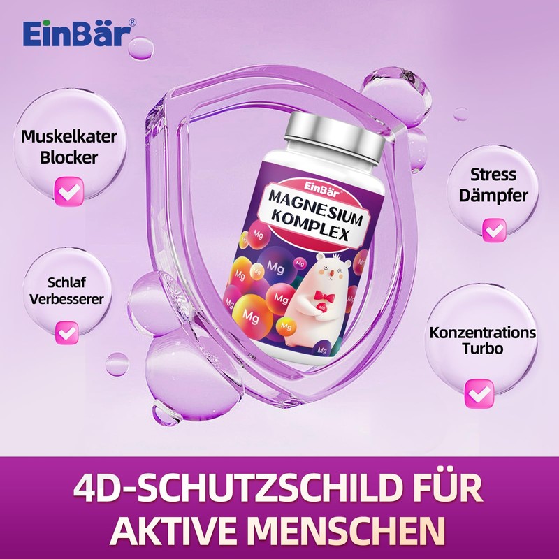 EinBär Magnesium Komplex: Hoch bioverfügbarer 4-fach Komplex (Trimagnesiumcitrat u.a.) 400mg,