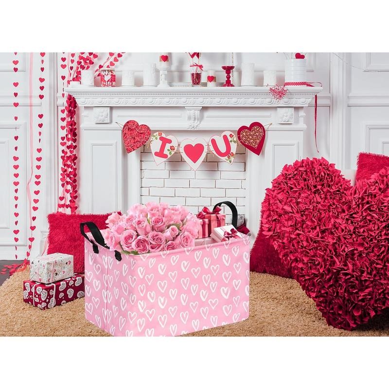 Rectangular Valentines Basket Pink Love Storage Bin Collapsible Heart Hamper