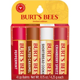 Burt's Bees Bálsamo labial, 100% de origen natural, menta, caramelo salado, galletas de mantequilla y arándano Spritz Bálsamos labiales hidratantes (paquete de 4)