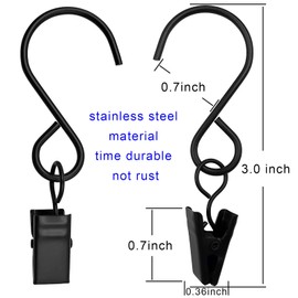 AMZSEVEN - Ganchos de acero inoxidable en S, paquete de 50 clips para colgar luces de fiesta, ganchos para colgar para fotos, tiendas de campaña, exhibición de arte para manualidades, decoración de patios de jardín, 3 pulgadas de largo, negro