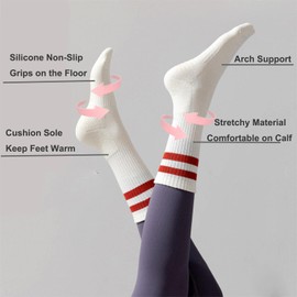 JCZANXI Yoga Socks with Grips for Women, Non Slip Grip Socks for Yoga, Pilates, Barre, Dance | Ideal Cushioned Crew Socks, Stripe Beige