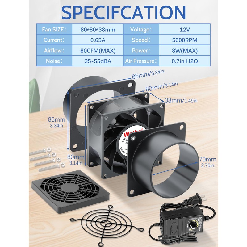 Wathai 80mm Small 12V DC Axial Exhaust Fan with AC