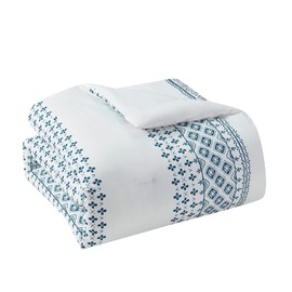 Indigo Ink - Comforter Set, Soft Bedding with Matching Shams, Wrinkle-Resistant, Boho Diamond Print, Dorm Room Essentials (White Denim Collection, Full/Queen)