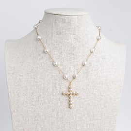 Aleasha Pearl Cross Pendant Necklace for Women Small Faux Pearl Satellite Gold Necklace 18" Jewelry Gifts