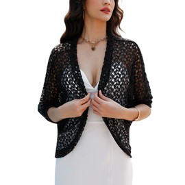 Gyabnw Women's Elegant Bolero Lace Jacket Festive Cardigan Short Blazer Festive Bolero with 3/4 Sleeve for Evening Dresses Cocktail Dress, black