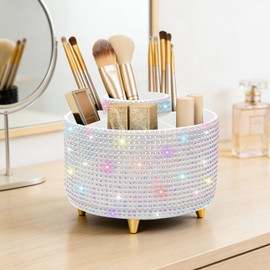 Diesisa Bling Makeup Organizer: 360°Rotating Bling Rhinestone Cosmetic Display Cases -Diamond Makeup Brush Holder - 5 Slot Cup for Cosmetics - Bling Lipstick Organizer - Gift for Women - Diamond White