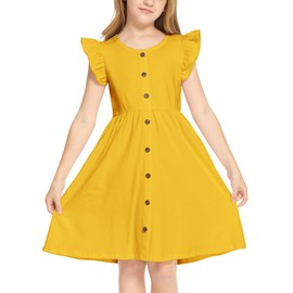 Arshiner Girls' Dresses Summer Casual Sundress A-line Cotton Party Wear Dresses (Yellow, 11-12 Years)