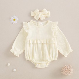 Mobbdow Newborn Infant Baby Girl Clothes Cotton Linen Long Sleeve Smocked Bubble Romper Ruffle Bodysuit Jumpsuit Fall Outfit (Apricot, 3-6 Months)