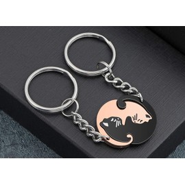 JOVIVI 2pc Couples Keyrings Stainless Steel Cat Yin Yang Keyring Black Rose Gold Puzzle Piece Key Chain Ring Couple Friendship His and Hers Best Friends Gifts
