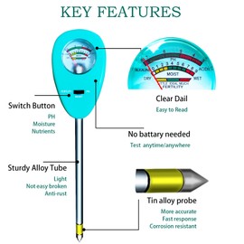Trungeton 3-in-1 Soil Moisture PH&Moisture&Nutrients Meter and Tester, Upgraded Sturdy Probe for Garden, Lawn, Farm, Indoor & Outdoor Use,No Battery Required (w/rag)