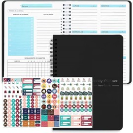 Agenda Semanal Sin Fecha, Cuaderno semanal sin fecha, cuaderno agenda de trabajo, cubierta PVC impermeable,Cuaderno de Espiral A5 (negro)
