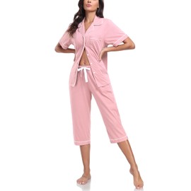 COLORFULLEAF Women's Pajama Sets 100% Cotton Summer Short Sleeve Capri Pajamas for Women Set Button Down Pjs Soft Sleepwear(Pink,M)