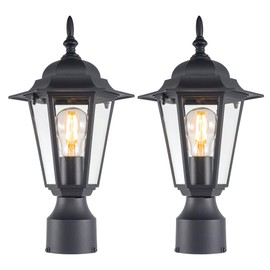 GRUENLICH Outdoor Post Lighting Fixture Pole Lantern, E26 Medium Base Max 60W, Aluminum Housing Plus Glass, Bulb Not Included, Black Finish, 2 Pack