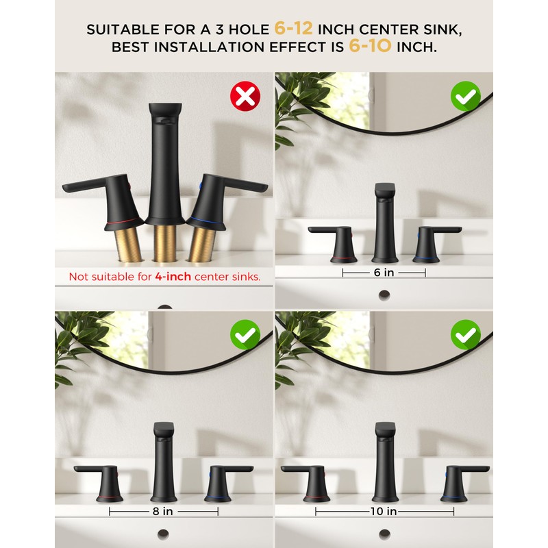 FORIOUS Black Bathroom Faucet 3 Hole, 8" Matte Black Vanity