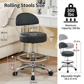 FIRAVOE Salon Stool with Back Support (Sturdy Aluminum Base) (Lash Chair with Quiet Wheels and Foot Rest) Black Leather Vanity Chair (Black)